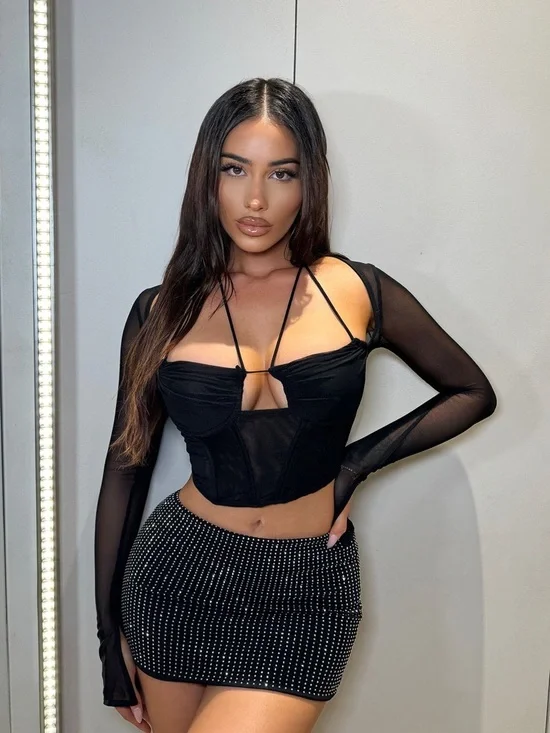 Fashion Nova Black Sheer Long-Sleeve Corset Crop Top - Picture 4 of 5